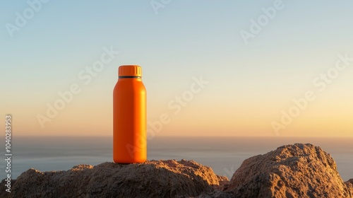 Vibrant Orange Thermo Water Bottle at Sunrise on Rocky Outcrop - Promoting Adventure and Exploration