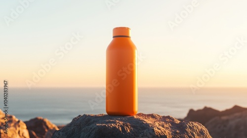 Adventurous Sunrise Exploration - Vibrant Orange Thermo Water Bottle on Rocky Outcrop with Ocean Sunrise View | Ultra-Detailed Photo