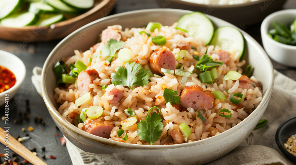 Golden Sausage Fried Rice with Vibrant Spices and Fresh Cucumbers, Served with Side Dishes Golden Sausage Fried Rice with Vibrant Spices and Fresh Cucumbers, Served with Side Dishes