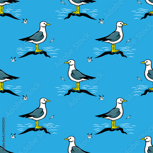 Seamless pattern with seagulls on a blue background.