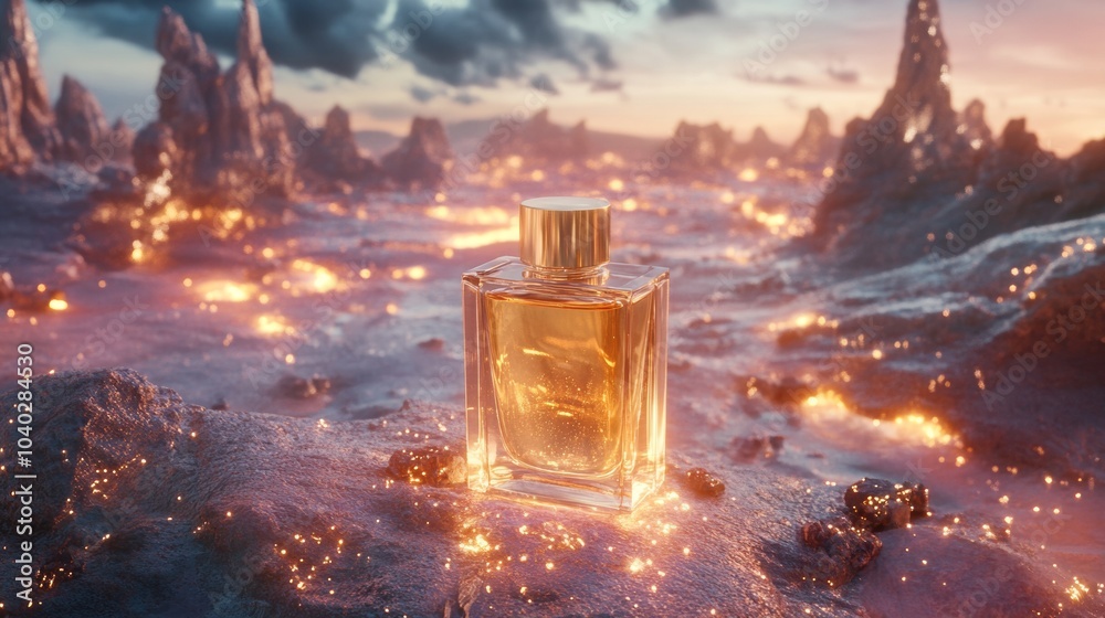 A bottle of perfume is placed on a rocky beach with a fiery background A bottle of perfume is placed on a rocky beach with a fiery background