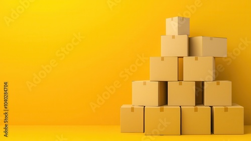 Stack of yellow cardboard boxes on a vibrant yellow background.