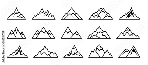 Peak icon. Snow rock top, everest ice hill or geology expedition silhouette. High up sky, travel or sport relief. Extreme hiking line decorative isolated elements. Vector landscape illustration