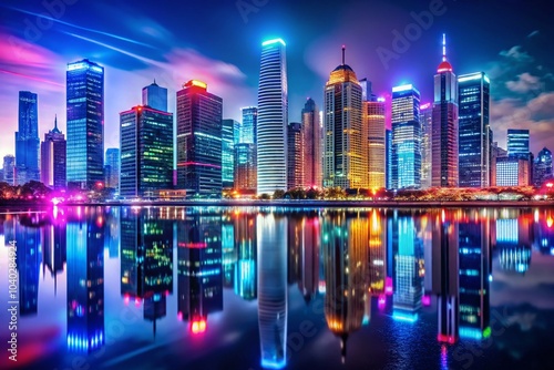 Stunning Neon Cityscape at Night with Modern Skyscrapers and Bright Lights for Urban Aesthetic