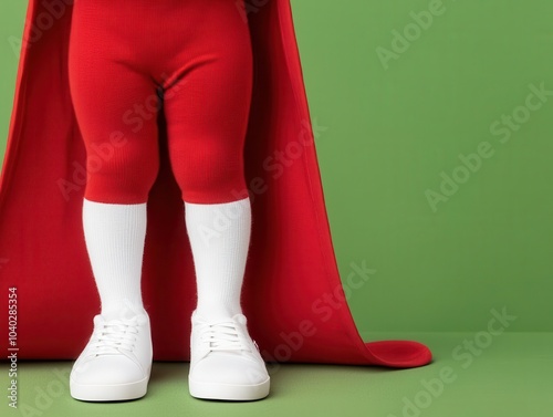 Child wearing superhero socks with a cape in the background, playful imagination, heroic themes photo