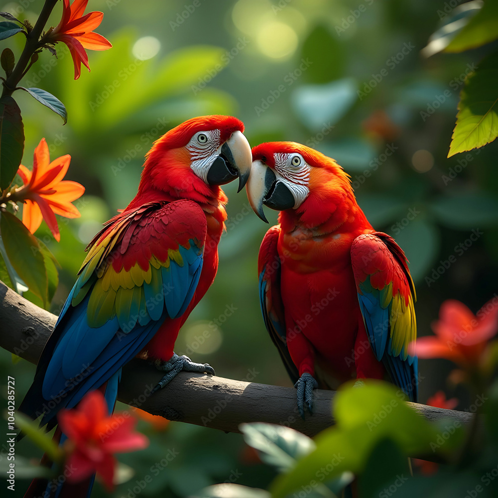 Group of colorful macaws engaged in vibrant midday chatter amid lush foliage Group of colorful macaws engaged in vibrant midday chatter amid lush foliage