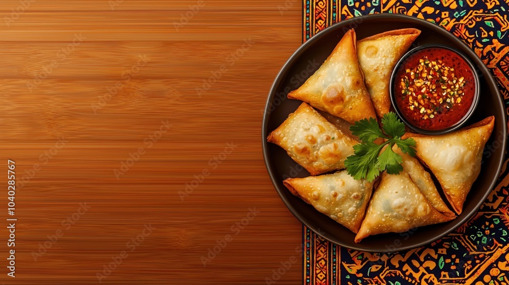 Delicious golden samosas served with spicy dipping sauce, traditional plate on wooden background.
