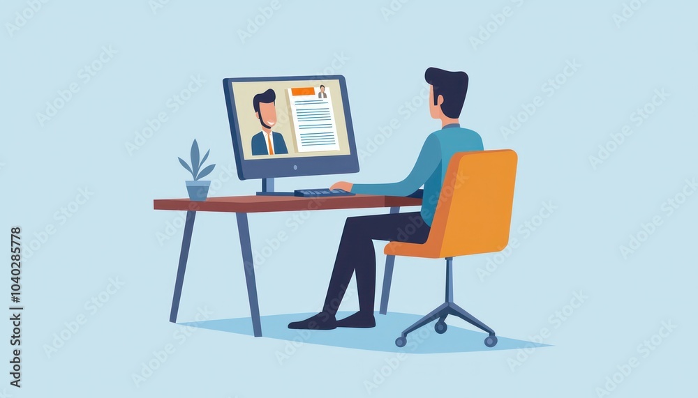 A modern remote hiring scene depicting an HR professional reviewing digital resumes on a computer screen, illustrating the new age of online job interviews and candidate selection. A modern remote hiring scene depicting an HR professional reviewing digital resumes on a computer screen, illustrating the new age of online job interviews and candidate selection.