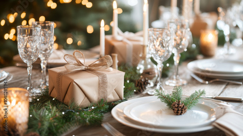 A beautifully arranged Christmas table setting featuring elegant glassware, candles, and wrapped gift. warm ambiance created by soft lights enhances festive spirit