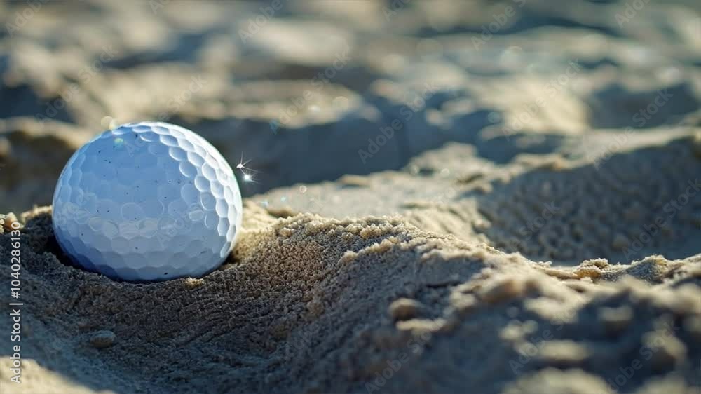 Close up of golf ball resting in sandy terrain, showcasing texture of sand and shine of ball, evoking calm and focus in outdoor sport of golf, leisure game in nature. Close up of golf ball resting in sandy terrain, showcasing texture of sand and shine of ball, evoking calm and focus in outdoor sport of golf, leisure game in nature.