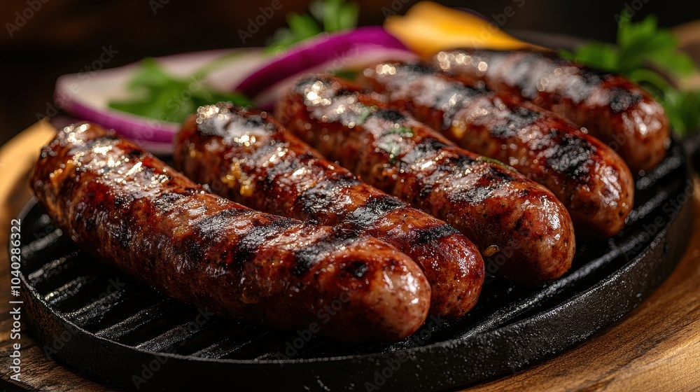 Sizzling grilled sausages on a plate with fresh herbs and vegetables Sizzling grilled sausages on a plate with fresh herbs and vegetables