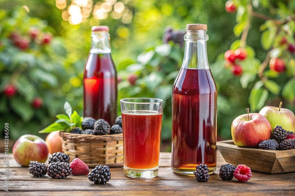 Aerial view of blackberry flavored apple cider with bottle and glass on garden background Aerial view of blackberry flavored apple cider with bottle and glass on garden background