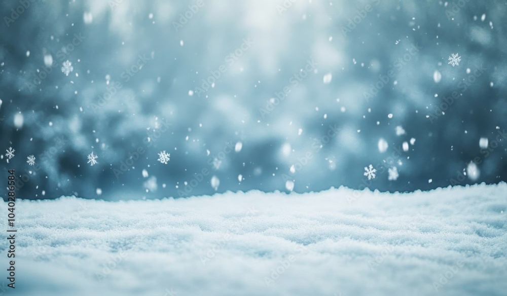 A beautiful background of snow, light blue, blurred background, white and silver, with snowflakes falling in the foreground, creating an atmosphere of winter Generative AI