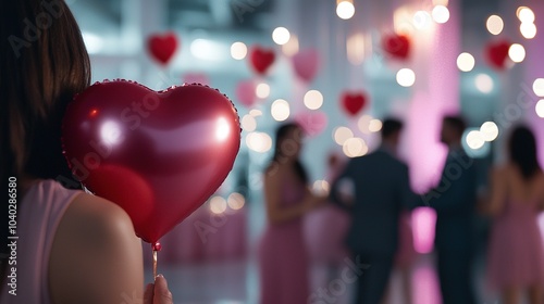 A person holds a red heart-shaped balloon at a romantic gathering, with soft lights and festive decorations adding to the celebratory atmosphere.