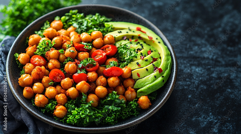 kale salad topped with crispy fried chickpeas and colorful vegetables symbolizes health, vitality, and balance. The dish blends textures and flavors, representing harmony in mindful eating kale salad topped with crispy fried chickpeas and colorful vegetables symbolizes health, vitality, and balance. The dish blends textures and flavors, representing harmony in mindful eating