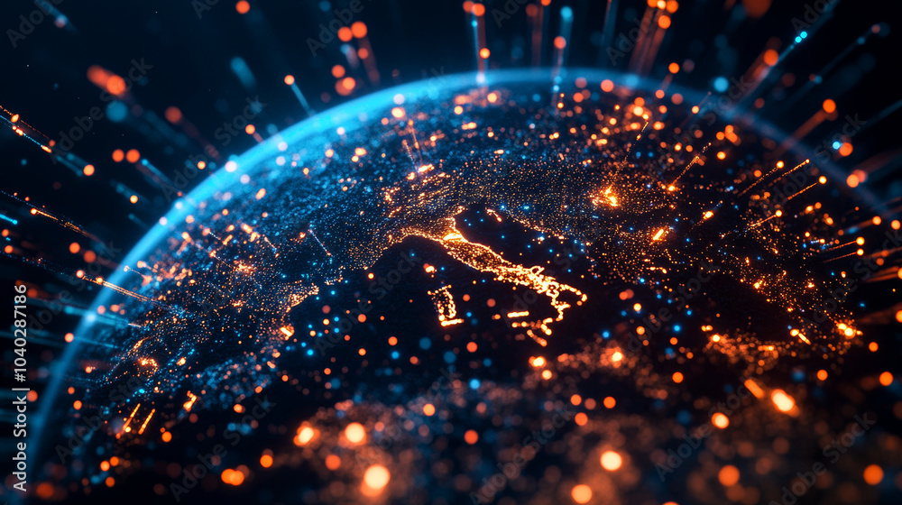 Obraz premium A stunning view of Earth illuminated by city lights, showcasing vibrant blue and orange connections that represent data flow and technology. This image captures beauty of our planet from space, highli
