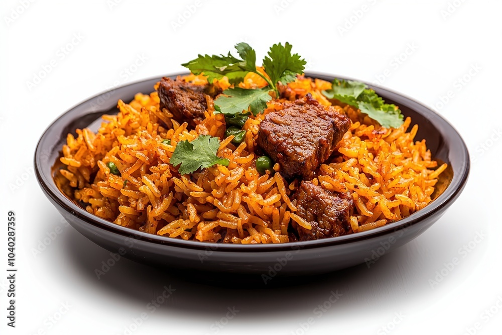 Delicious plate of jollof rice with tender beef chunks and fresh cilantro garnishing. Delicious plate of jollof rice with tender beef chunks and fresh cilantro garnishing.