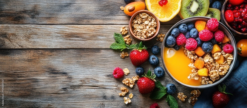 A bowl of granola, mango, blueberries, raspberries and strawberries on a rustic wooden background. A bowl of granola, mango, blueberries, raspberries and strawberries on a rustic wooden background.