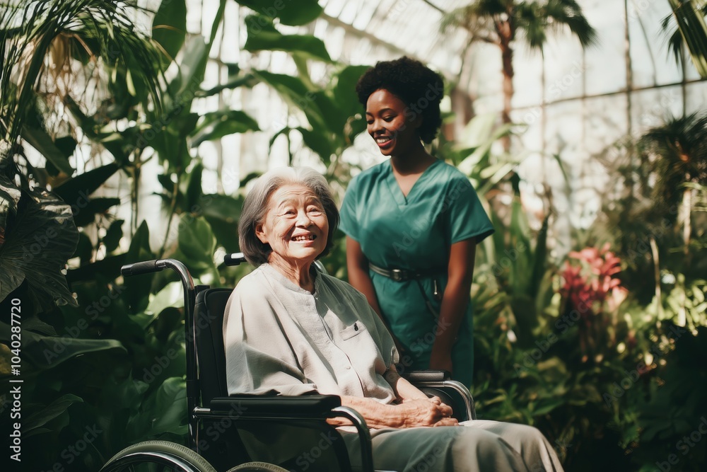 Elderly asian woman in wheelchair smiling with young african american nurse in botanical garden Elderly asian woman in wheelchair smiling with young african american nurse in botanical garden