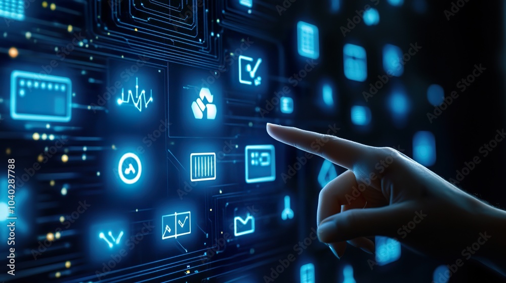 Hand touching a virtual screen with futuristic technology icons on a dark blue background, representing a data center, server room, or network security concept. Hand touching a virtual screen with futuristic technology icons on a dark blue background, representing a data center, server room, or network security concept.