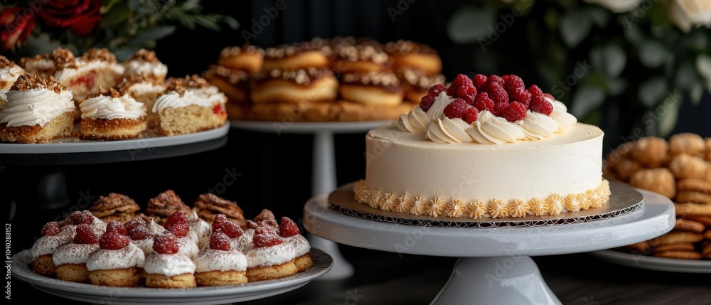 Discover a stunning dessert buffet featuring a variety of beautifully arranged cakes, pies, and sweet treats perfect for any celebration or event. Discover a stunning dessert buffet featuring a variety of beautifully arranged cakes, pies, and sweet treats perfect for any celebration or event.