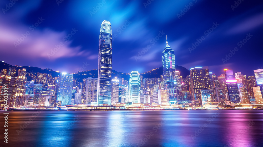 A breathtaking view of a city skyline at night, with towering skyscrapers brightly lit and reflecting on the waterfront A breathtaking view of a city skyline at night, with towering skyscrapers brightly lit and reflecting on the waterfront