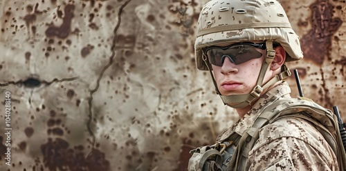 A soldier in uniform stands against a textured, weathered background, showcasing military readiness.