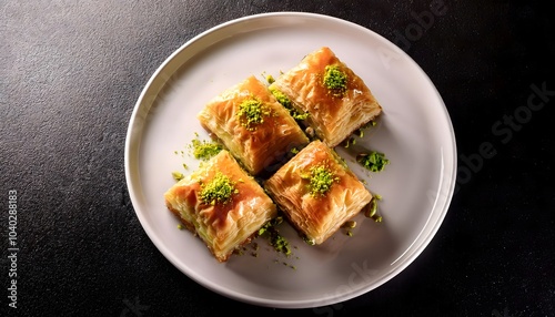 Delicious baklava on a white plate with a top view, perfect for restaurant menus