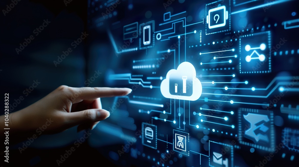 Hand touching a virtual screen with futuristic Smart energy storage technology icons on a dark blue background, representing a data center, server room, or network security concept. Hand touching a virtual screen with futuristic Smart energy storage technology icons on a dark blue background, representing a data center, server room, or network security concept.