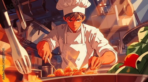 A focused anime chef preparing a dish in a kitchen setting photo