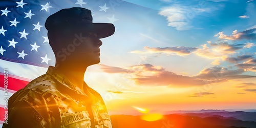 A soldier silhouetted against a sunset with an American flag backdrop, symbolizing patriotism.