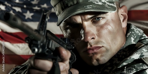 A soldier aiming a firearm with an American flag in the background, evoking themes of duty.