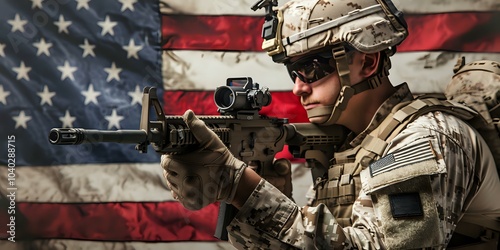 A soldier aiming a rifle in front of an American flag, symbolizing military readiness.