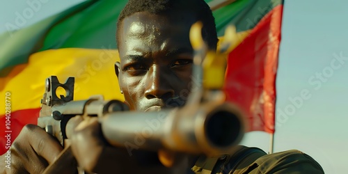 A soldier aims a rifle, with a colorful flag in the background, evoking tension and conflict.