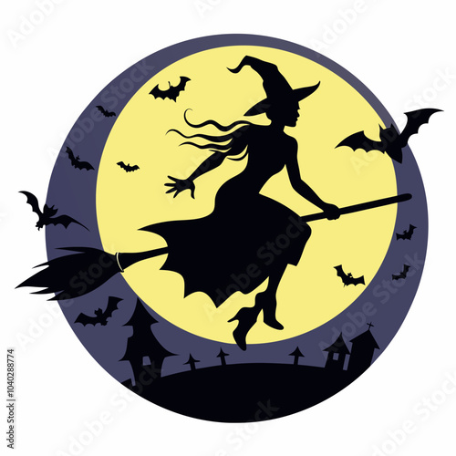 Witch flying on a broomstick with a full moon silhouette vector illustration on white background