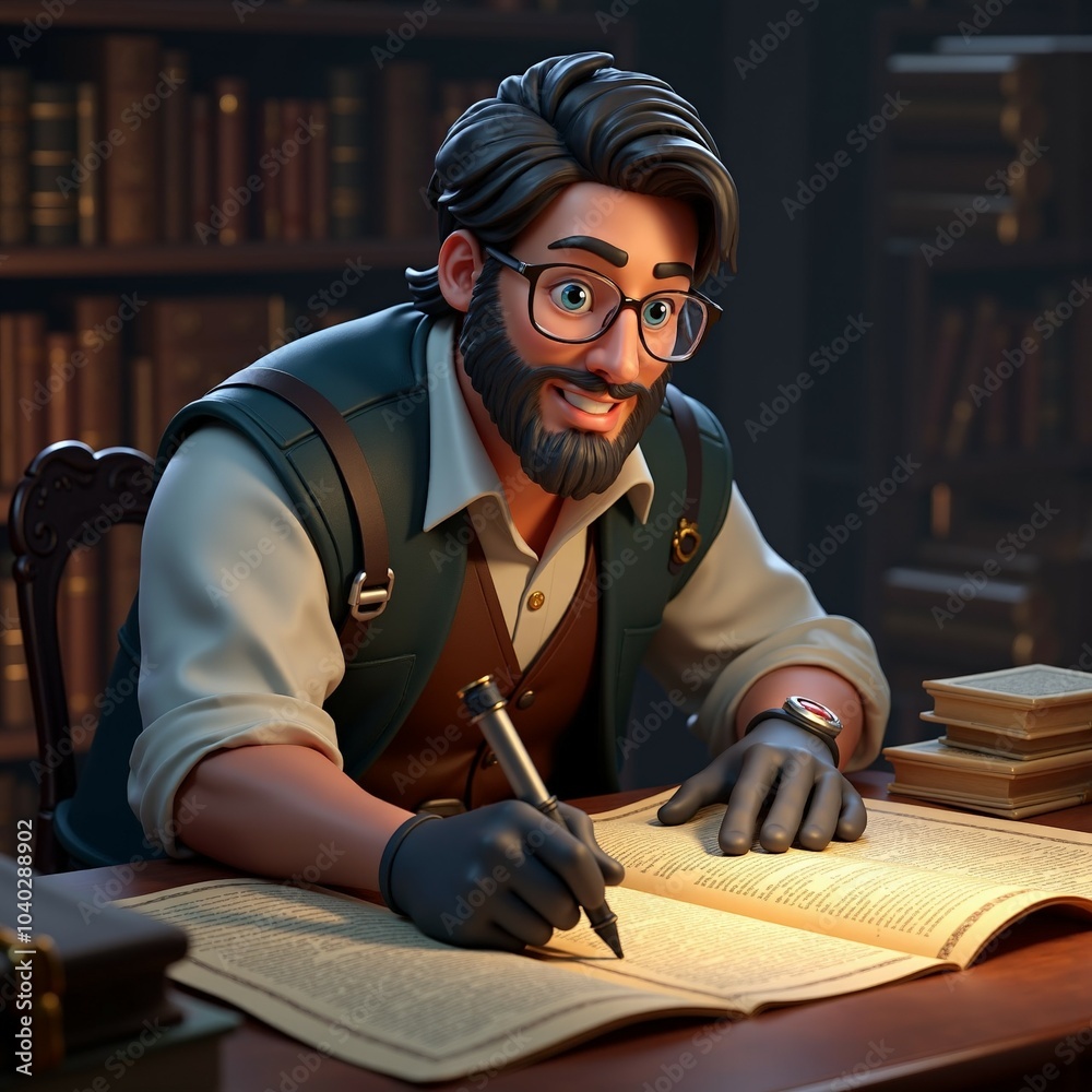 Historian researching in an old library, surrounded by books. Focused, wearing gloves, representing history, research, and the love of knowledge.
Historian researching in an old library, surrounded by books. Focused, wearing gloves, representing history, research, and the love of knowledge.