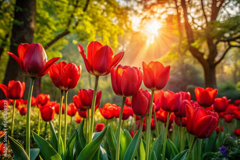 Stunning Silhouette of Red Tulips in Spring Park Garden Natural Background Stunning Silhouette of Red Tulips in Spring Park Garden Natural Background