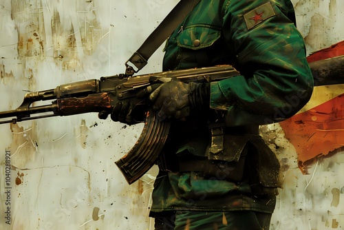 A soldier in military attire holding an AK-47 against a weathered background.