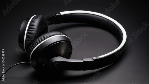 Sleek black over-ear headphones with cushioned ear pads sit on a dark leather surface. The atmosphere is luxurious and modern, emphasizing quality sound. photo