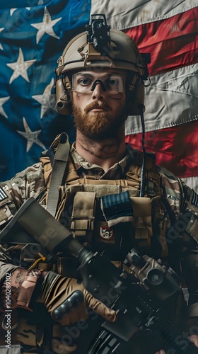 A soldier in tactical gear stands confidently in front of an American flag.