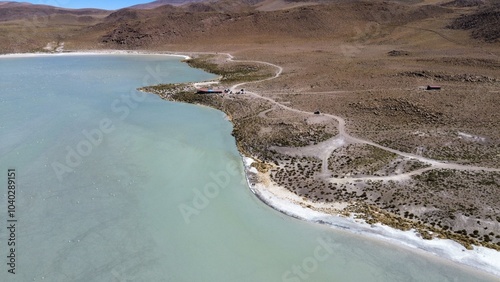 Aerial photo of Laguna Verde, Bolivia. A salt lake in the southwestern Altiplano in Bolivia, close to the Chilean border. Located in Eduardo Avaroa Andean Fauna National Reserve. 