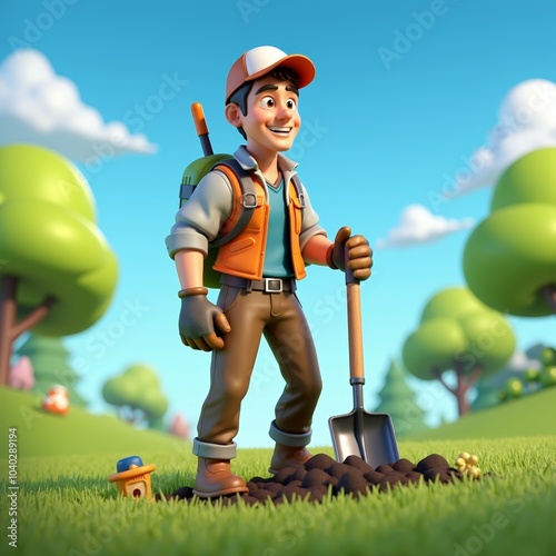 Smiling young gardener standing in a green field with a shovel. Surrounded by plants and soil, he represents agriculture, outdoor work, and sustainable gardening.
