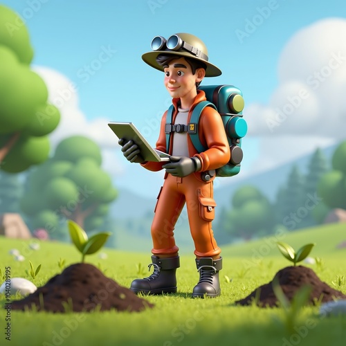 Young explorer in outdoor gear conducting a field study on plant growth in a scenic forest. Equipped with tablet and tools, representing environmental research and adventure.
