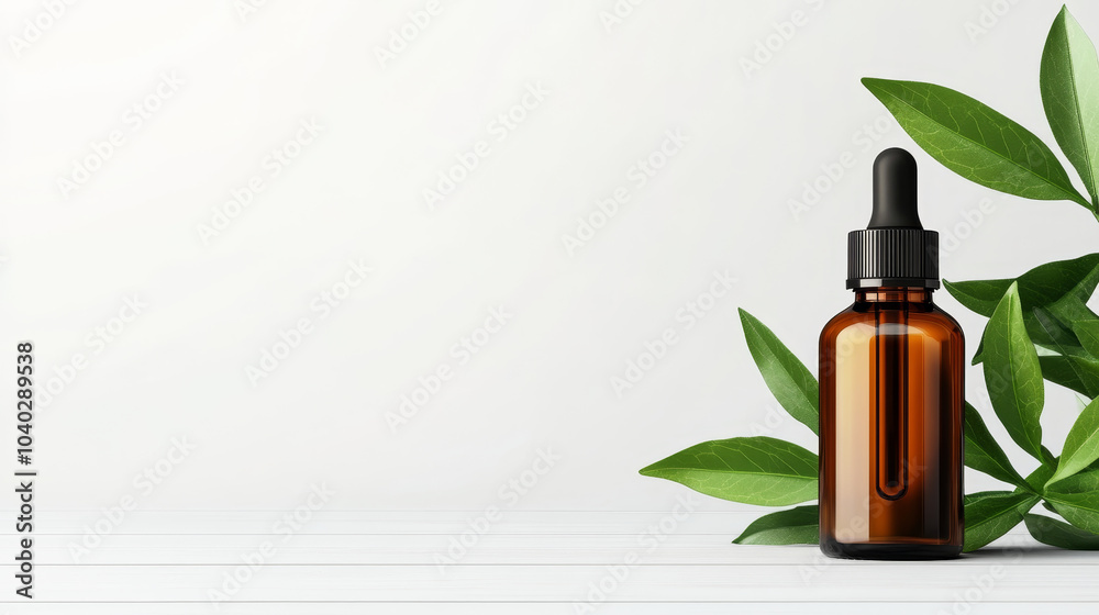 brown glass dropper bottle sits elegantly beside fresh green leaves, creating serene and natural atmosphere. This evokes sense of calm and wellness, perfect for promoting essential oils or natural brown glass dropper bottle sits elegantly beside fresh green leaves, creating serene and natural atmosphere. This evokes sense of calm and wellness, perfect for promoting essential oils or natural