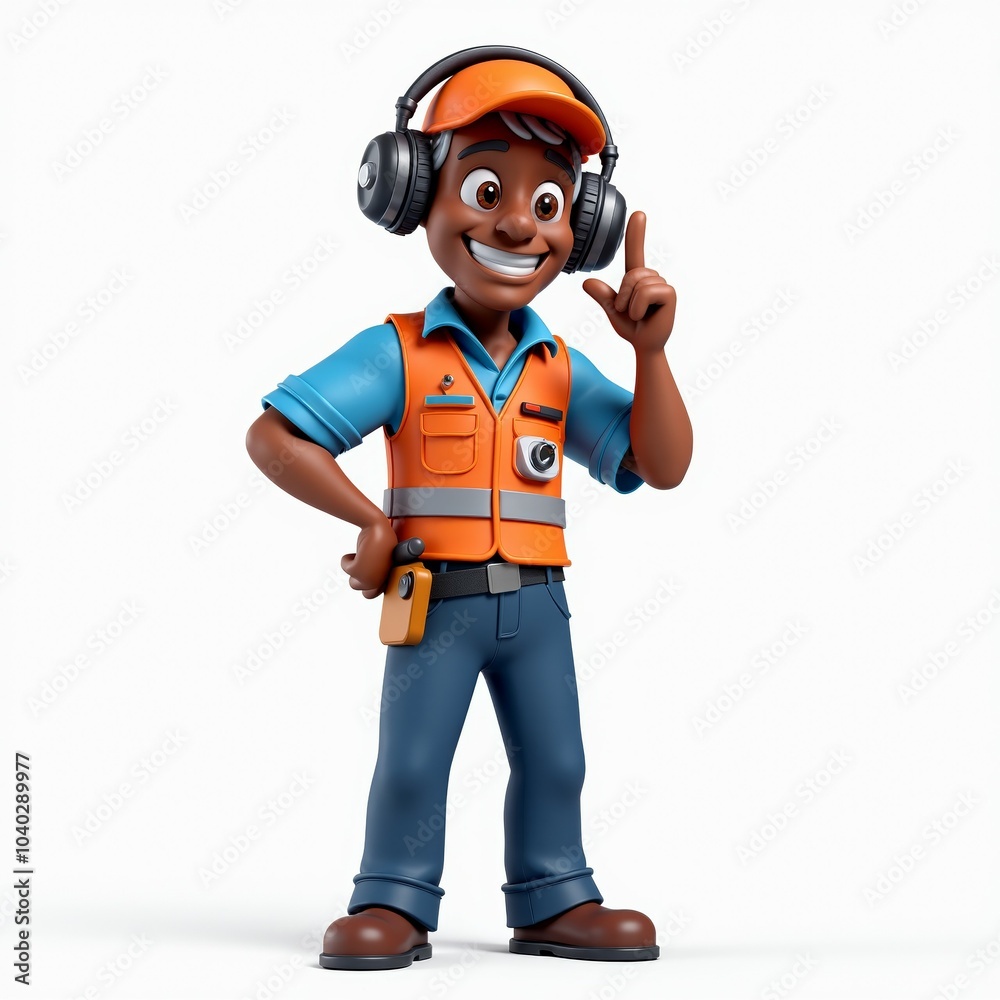 3D character of a young male worker wearing headphones, an orange vest, and pointing upwards with a smile. Ideal for construction, customer service, or technical assistance themes.
3D character of a young male worker wearing headphones, an orange vest, and pointing upwards with a smile. Ideal for construction, customer service, or technical assistance themes.