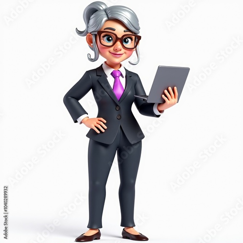 3D cartoon elderly woman character with gray hair, glasses, holding a tablet, wearing a business suit and pink tie. Confident and modern, perfect for senior professional or tech illustrations.
