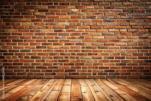 Aerial view of brick wall background and wooden floor for product showcasing