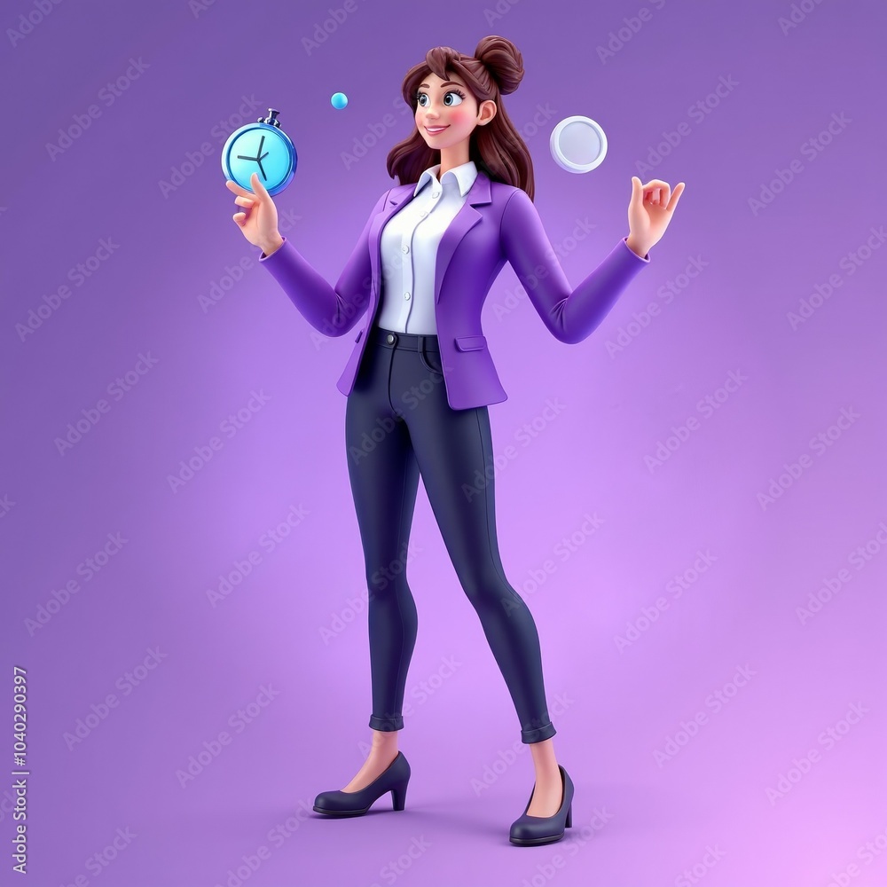 Businesswoman in a purple suit juggling time and productivity icons. Confident and professional, she represents multitasking and work-life balance in a modern business setting.
Businesswoman in a purple suit juggling time and productivity icons. Confident and professional, she represents multitasking and work-life balance in a modern business setting.