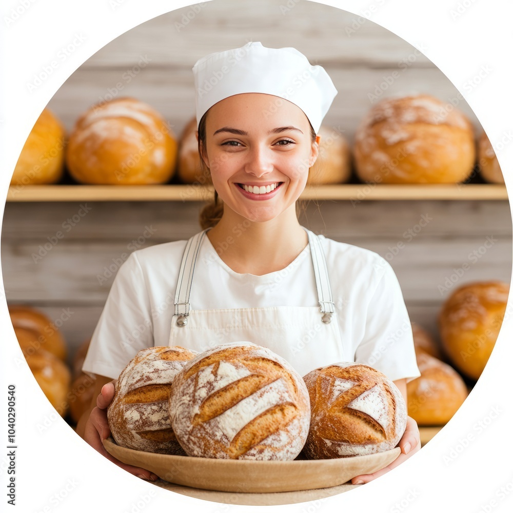 Smiling baker holding fresh bread in a bakery setting. Smiling baker holding fresh bread in a bakery setting.