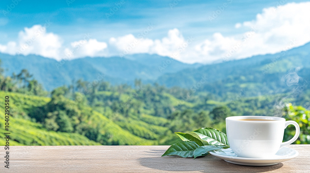 
Cup of hot tea and tea leaf on the wooden table and the tea plantations background